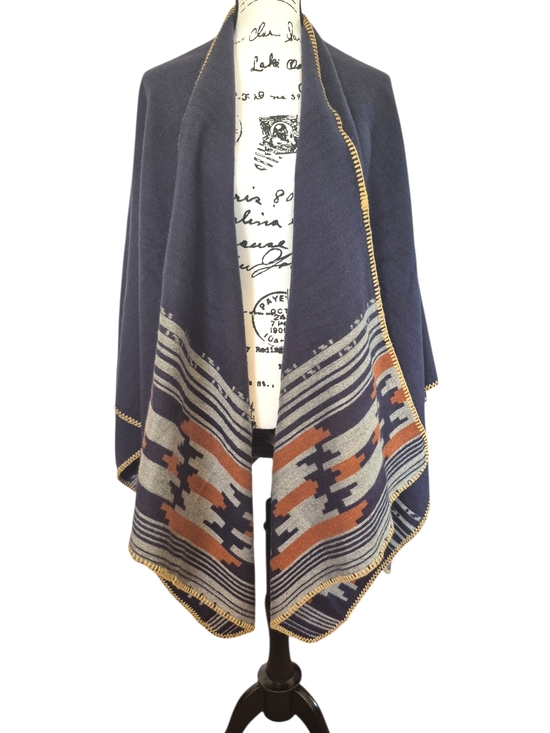 Kollie More Accessories - Navy/Grey/Brown Aztec-Trim Wrap Scarf